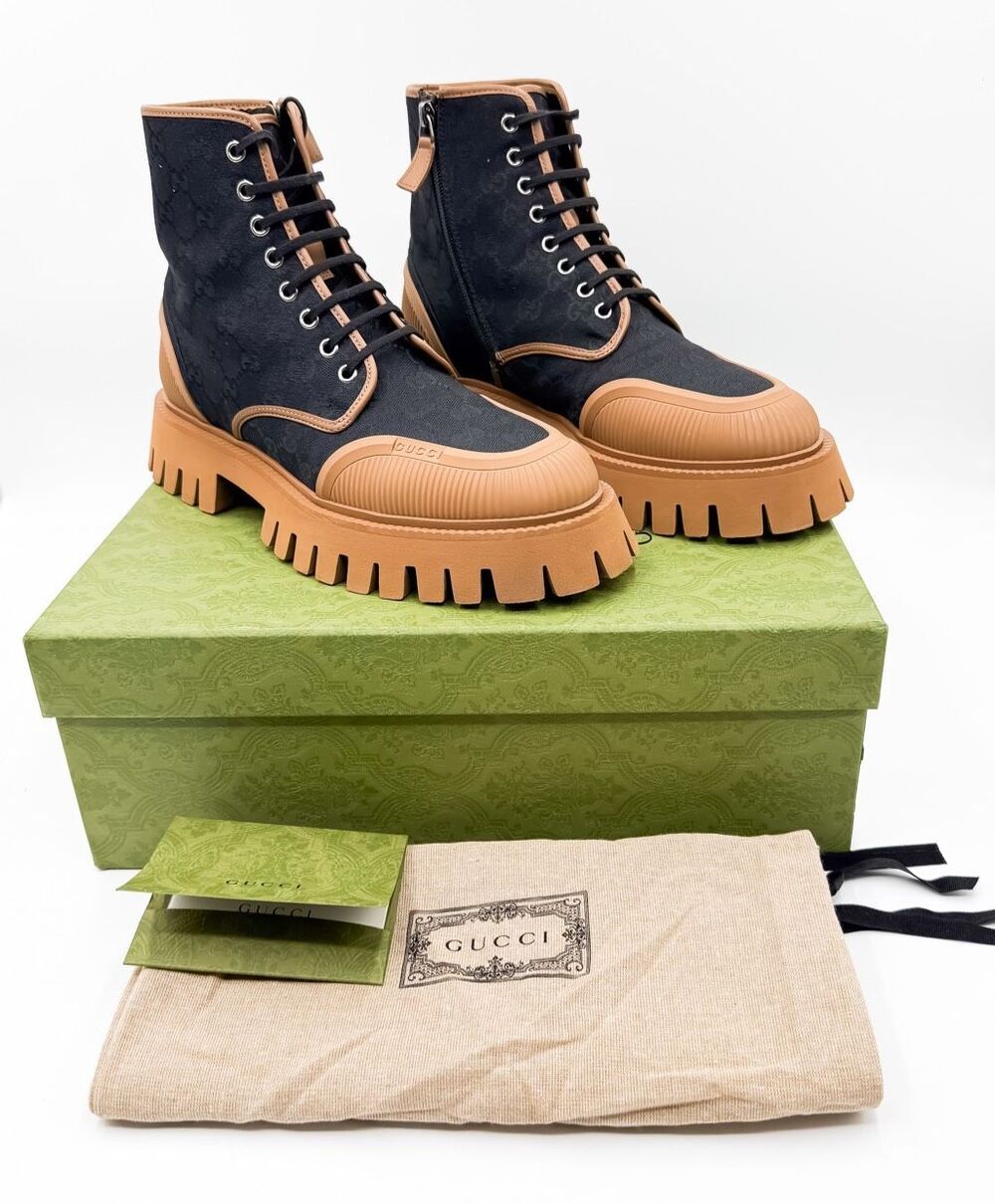Gucci Combat Boots Maxi GG Monogram Canvas Lug Sole Black and Beige